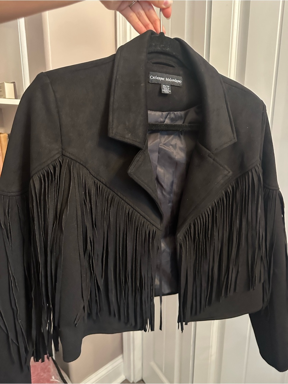 Catherine Malandrino Black Fringe Faux Suede Leather Cropped Jacket